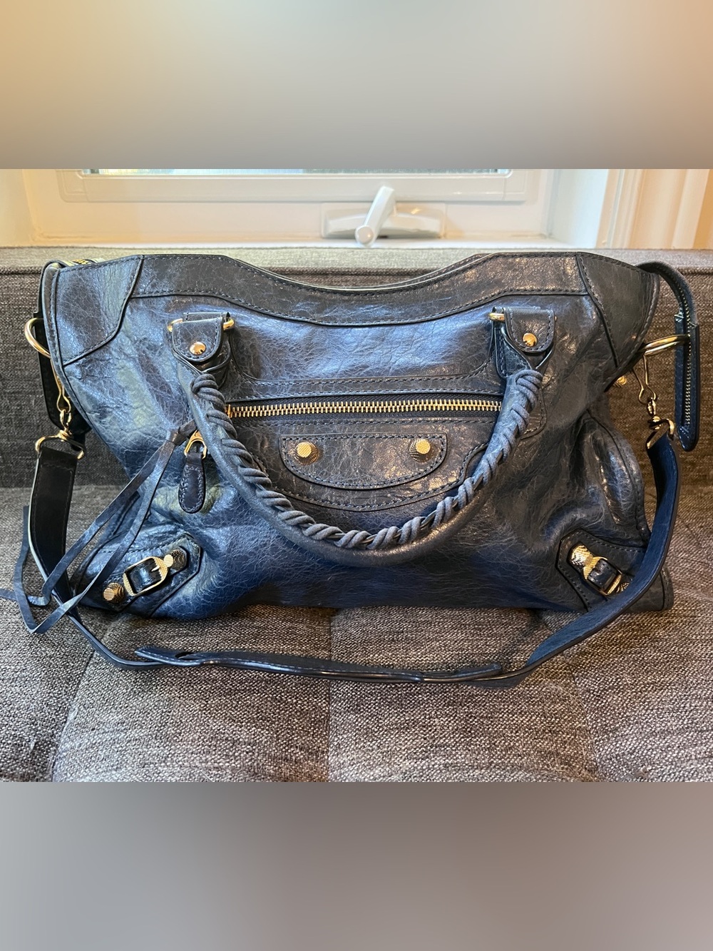 Classic Navy Leather Satchel with Braided Handles